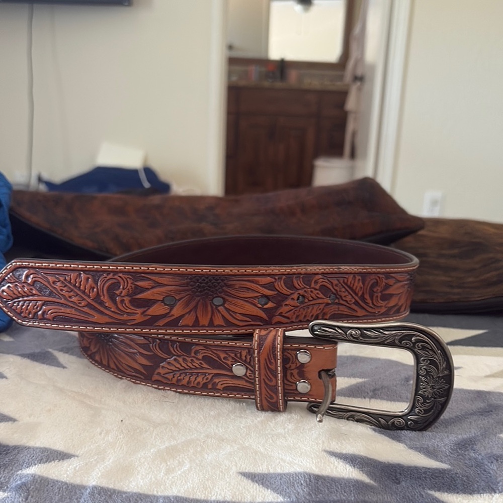 Nocona Brown Floral Embossed Belt with Silver Buckle